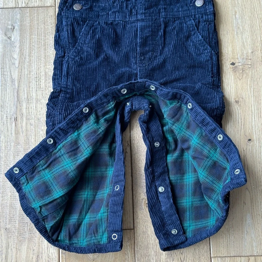 OshKosh B’gosh Navy Blue Corduroy Plaid Lined Overalls size 18 Months